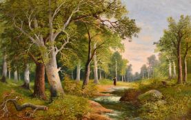 A. CLAMET. Circa. 1920. CONTINENTALA WOODLAND LANDSCAPE with a woman beside a stream, in a superb