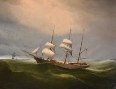 Celestin Deshayes (1817-1890) French, a three masted ship in heavy seas, oil on canvas, signed, 21.