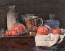 GEORGE WEISSBORT (1928 - 2013)STILL LIFE, tomatoes, jug and decanter, board, 13ins x 16ins (33cm x