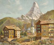 John Cross (20th Century), a view of the Matterhorn from Zermatt, oil on board, signed, 14