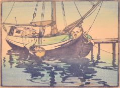 F H Whittington, Circa 1920, a woodblock print of a leeboard barge, signed in pencil, 7.5