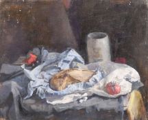 GEORGE WEISSBORT (1928 - 2013)STILL LIFE tomatoes and mug, board, 10.5ins x 13.5ins (26cm x 34cm).