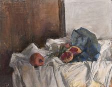 GEORGE WEISSBORT (1928 - 2013)TWO STILL LIFES, tomatoes, copper bowl and fruit, and a doll, board.