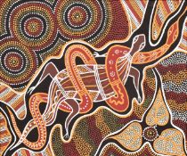Jim Boongar Edwards, Australian, 'Chunban Goannas', (Chief of the Monitor Lizards), acrylic on