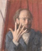GEORGE WEISSBORT (1928 - 2013)PORTRAIT OF THE ARTIST holding up five fingers, board. 16ins x
