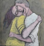Manner of Peter Howson, figures embracing, oil on canvas, signed with initials to the edge of the