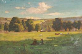 Attributed to Francis William Ward, figures picnicking by Mickleham Woods with cows, oil on