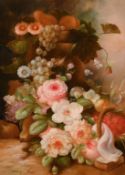 Nancy Lee (20th Century), a still life of mixed flowers and grapes trailing from an urn, oil on