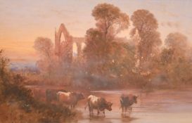 Circle of Henry Earp Snr, cattle watering in a shallow river, watercolour and gouache, 7.5