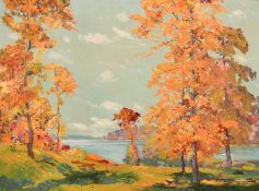 Francesco Pablo de Besperato, trees on the edge of the lake, oil on board, signed, artist's label