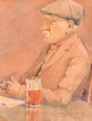 Modern British School, Study of a gentleman at a table with a pipe and a glass of ale,