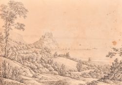 A collection of six pencil and pen and ink sketches, including one of Mt Orgueil, Jersey, 5
