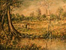 Victor Mathias, figures in a landscape by a stream, oil on panel, signed, 12