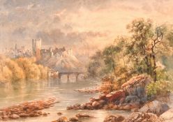 English School, late 19th Century, view towards a riverside town, watercolour, 6.25