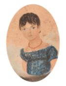A Regency period miniature watercolour, a bust length portrait of a young girl wearing a coral