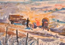 Manner of Thomas Hennell, 'Incident', military trucks in a landscape with a fire burning, ink