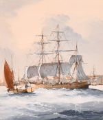 Ken Hammond, shipping outside a port, watercolour, signed, 7