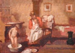 Bernard Dunstan (1920-20017), mother bathing her children in an interior, oil on board, signed