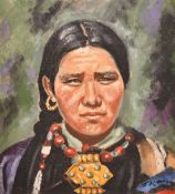 Nepalese/Indian School, 20th Century, a pair of oil on board portraits of a man and woman, thought