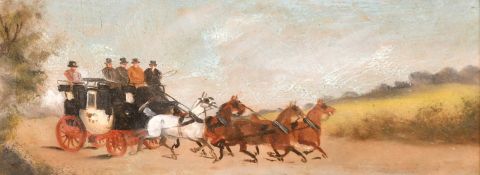 PHIILIP HENRY RIDEOUT (1860 - 1920)A PAIR OF COACHING SCENES on panel.4ins x 9.5ins (10cm x 24cm