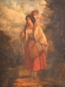 Circle of James John Hill, a mother and child gathering a harvest, oil on panel, 18