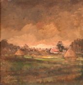 Dutch School, 20th Century, a farmstead in a landscape at dusk, oil on board, indistinctly signed,