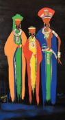 Modo, 20th Century, African, three female figures in traditional costume, oil on board, signed, 31.