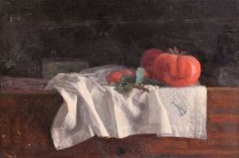 GEORGE WEISSBORT (1928 - 2013)Tomatoes on a white cloth, inscribed A, board, 9.5ins x 13.5ins.