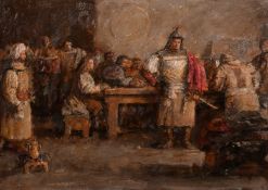 GEORGE WEISSBORT (1928 - 2013)AN INTERIOR with many figures and soldiers, board. 11.5ins x 16ins (