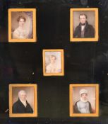 A group of five 19th Century portrait miniatures relating to the Hume family, inscribed verso,