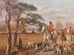 Early 20th Century German School, mounted huntsmen and their hounds passing over heathland, oil on