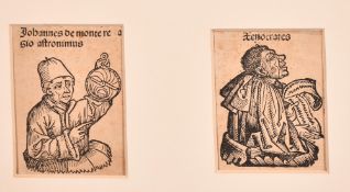 Two antique woodcuts of figures, in a common mount, each 3