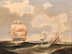 19TH CENTURY ENGLISH SCHOOL. A PAIR OF SEASCAPES with Men of War and other boats. 5.5ins x 7.5ins (