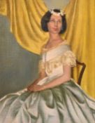 Douglas Swainson (20th Century), 'The Period Dress' a portrait of a seated female, oil on board,