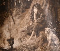 Herbert Dicksee (1862-1942), a beautiful Romani female and her canine companion by a fire in the