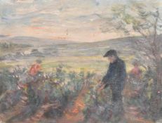 GEORGE WEISSBORT (1928 - 2013)A LANDSCAPE with a man pruning flowers, board, 10.5ins x 14.5ins (26cm