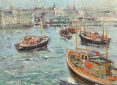 20th Century Impressionist School, fishing boats in a built up harbour, oil on board, signed