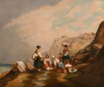 Late 19th Century Continental School, female figures gathered by a stream on a rocky coastline,