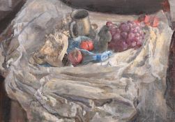 GEORGE WEISSBORT (1928 - 2013)STILL LIFE, grapes, pewter mug and tomatoes, board, 12ins x 16.5ins (