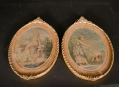 A PAIR OF COLOUR PRINTS of a girl with a dog and child on a donkey and 3 small scenes in gilt frames