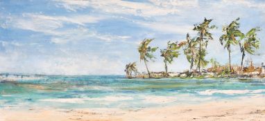 20th Century Impressionist School, palm trees on a windswept spit, oil on canvas board,