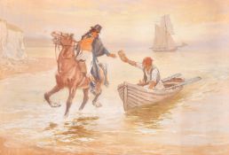 English School, early 20th Century, a horseman collecting mail from a rowing boat, watercolour,