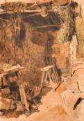 Attributed to William Henry Hunt, interior of a barn or a country workshop, pencil and watercolour