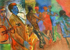 Sandy Esau (b.1968) South African, A scene of figures dancing while a jazz band plays, mixed