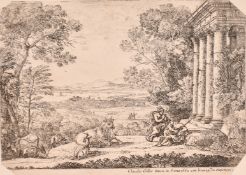 Claude le Lorrain, and engraving of a harbour scene and another of a Mercury and Angus, each around,