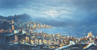 L. Lam, 20th Century, a view of Hong Kong by moonlight, oil on canvas laid down, 24.5