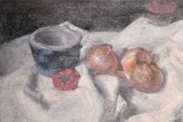 GEORGE WEISSBORT (1928 - 2013)THREE VARIOUS STILL LIFES, board. 9.5ins x 14ins (24cm x 36cm)