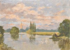 William Burns (1923-2010), swans on a river with a church spire beyond, oil on canvas laid down,
