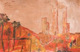 South East Asian School, 20th Century, palm trees and skyscrapers, oil on board, 24
