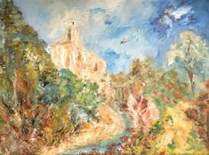 Modern British School, Impressionist landscape, with monastery behind trees, oil on canvas board,